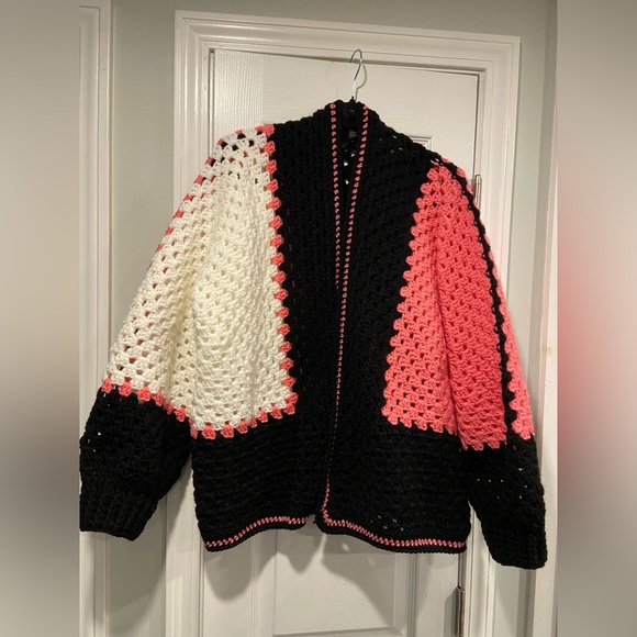 Handmade Crochet Granny Square One Size Cozy Cardigan Boho Chunky Knit Sweater